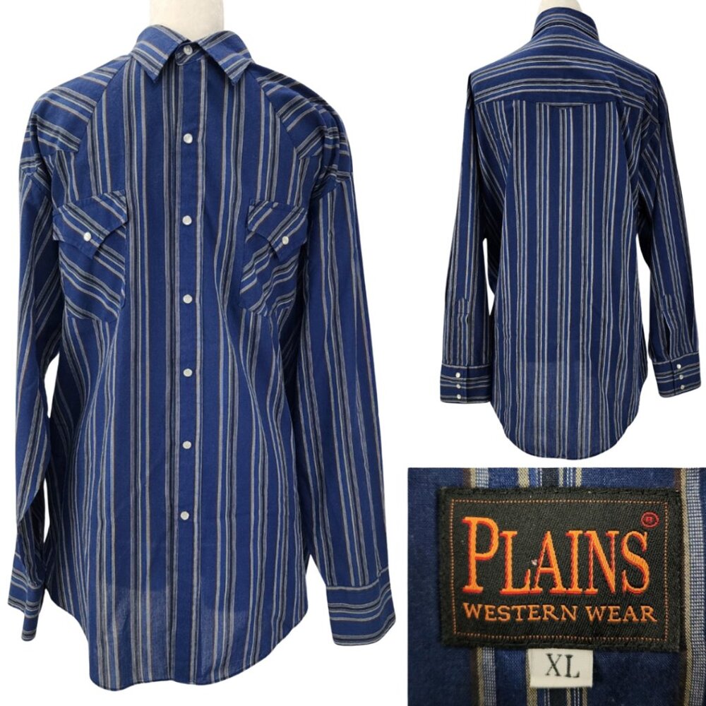 90s Plains Western Wear Mens XL Pearl Snaps Blue Stripes Snap Button Long Sleeve